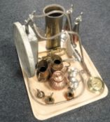 A tray of Salter balance scales, trench art shell, copper and brass jug,
