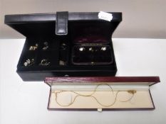 A collection of jewellery to include vintage studs, cuff links, earrings, costume necklace,