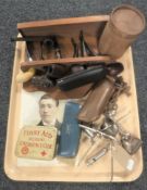 A tray of pipe rack and pipes, Victorian portrait on porcelain panel, vintage keys,