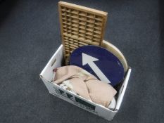 A box of chalk relief plaque, printers type tray, metal road sign,