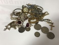 A 9ct gold crucifix pendant, assorted silver and costume jewellery,