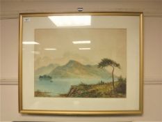 William Baker (1863 - 1937) : A couple fishing on a lake with mountains beyond, watercolour,