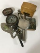 A box of Mauchline ware box, antique gauge,