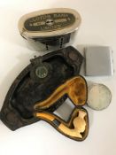 A boxed Lloyds Bank money box, meerschaum pipe in case, mother of pearl vesta,