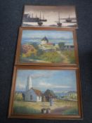 An oil on board, boats at low tide,