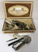 A quantity of drawing instruments, pocket watch keys,