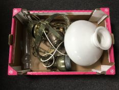 A brass Art Nouveau brass rise and fall hanging oil lamp with shade