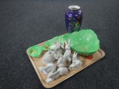 A tray containing six pieces of Carlton ware including parrot pattern vase, crab dish with server,