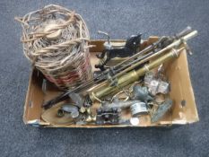 A box of stoneware flagon, vintage brass and copper ware - fire irons, door stops, ornaments etc,