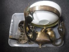 An Art Nouveau brass rise and fall hanging oil lamp with shade