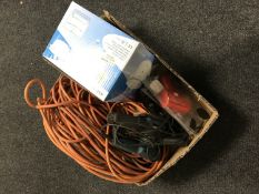 A box of 110 volt extension leads, Cookworks slow cooker, Black & Decker sander,
