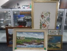 An oil painting of a stream by a church,