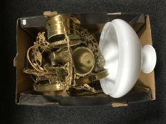 An antique brass rise and fall hanging oil lamp with shade