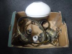 An Art Nouveau brass rise and fall hanging oil lamp chimney with shade