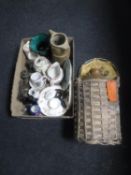 A vintage stoneware flagon and a box of assorted tea china, Beswick horse figure,