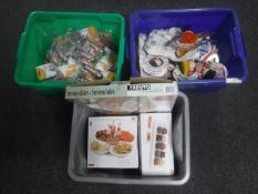 Three crates of kitchen utensils, serving dishes,