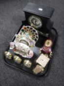 A tray of ten assorted mantel and desk clocks