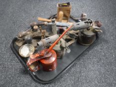 A tray of vintage woodworking tools, oil can, two blow lamps, brass cased pressure gauge by E.