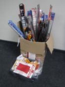 Two boxes of wind screen wiper blades and car flags