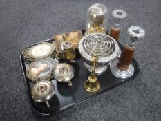 A tray of plated wares, miniature framed pictures, rose bowl,