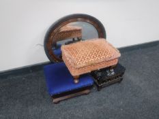 An Edwardian mahogany framed mirror and three various stools