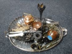 A silver plated twin handled gallery tray, assorted plated and metal wares,