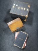 A pine slipper box, an antique photo album,