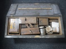 A vintage pine joiner's tool box containing hand tools