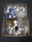 Two boxes of assorted china and glass ware - wall plates, Ringtons chintz teapot,