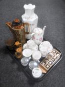 A tray containing a twelve piece Royal Stafford bone china Tudor Rose tea service, Aynsley vase,