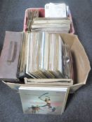 A box and a crate containing vinyl LP records,