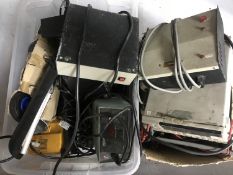Two boxes of electricals - Dual display multi meter, Weller meter, trolley wheels,