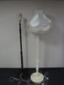 An oak barley twist standard lamp and one other painted lamp