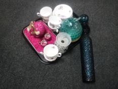 A tray of eighteen pieces of Richmond tea china, 1970's turquoise glass decanter,