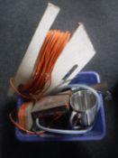 A box of vintage tins, food blender, egg whisk, drill,