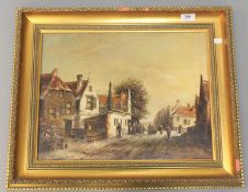 Late Nineteenth Century Continental School : Figures in a street in winter, oil on canvas,