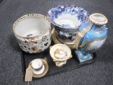 A tray of antique china, Imari gilded comport, transfer printed vase,