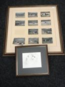 A framed montage of twelve colour-tinted postcards depicting bullfighting scenes, 68 cm x 68 cm,