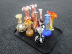 A tray of nine late 20th century Murano glass vases