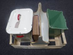 A Goodfellows enamelled bread bin and two wooden mag racks