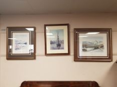 After Walter Holmes, Boats beneath the Tyne Bridge, reproduction colours, signed,