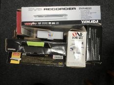A box of assorted electricals - DVD recorder, Bush set top box, One for all remote,