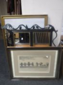 An ornate metal framed mirror, quantity of frames,