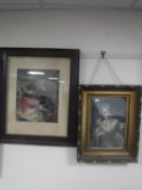 A Victorian gilt framed black and white print of a girl and an Edwardian oak framed print
