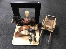 A Rapport of London Victorian style mantel clock, china shire horse and cart, figure of a dachshund,