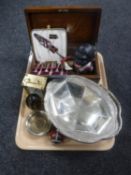 A tray of antique oak metal bound box, cast iron money box, glass paperweight,
