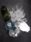 A tray of assorted drinking glasses, Webb crystal preserve pot,