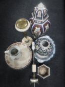 An antique pottery wash jug and basin, two further basins, large oriental lidded vase,