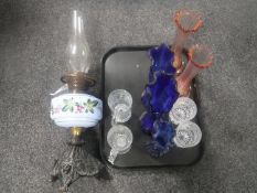 A tray of antique glass vases, drinking glasses,