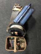 Six vintage hand saws, metal tool box by Draper, extension lead and hand basket of clamps,